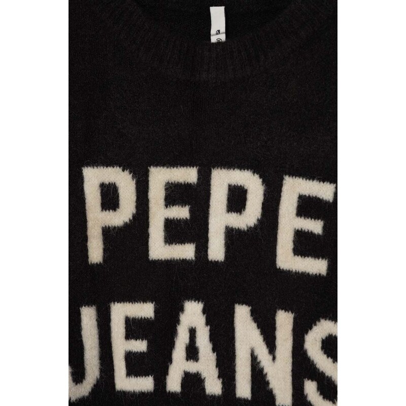 Dětské šaty s příměsí vlny Pepe Jeans černá barva, mini, oversize