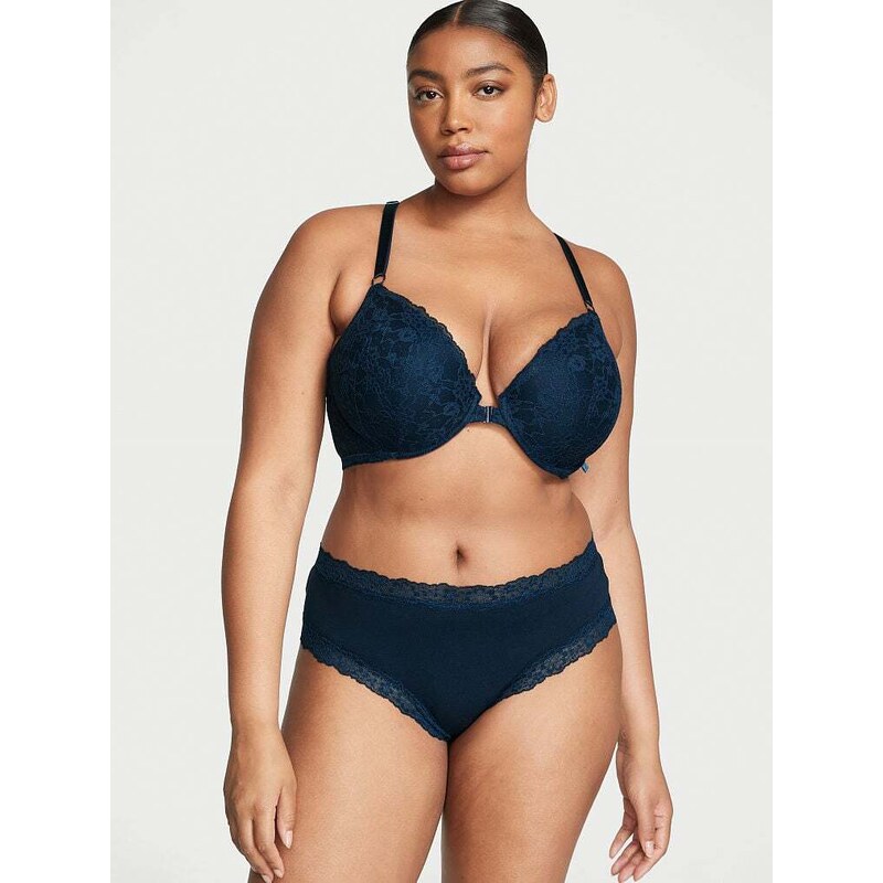 Victoria's Secret Noir Navy Posey Lace Waist Cotton brazilské kalhotky