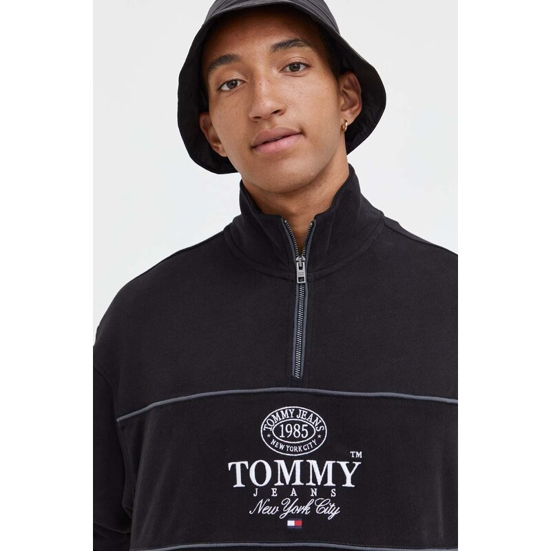 Bavlněná mikina Tommy Jeans pánská, černá barva, s aplikací