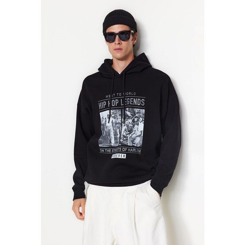 Trendyol Black Men's Oversize/Wide Cut Rap Music Printed Cotton Sweatshirt with Fleece Inside