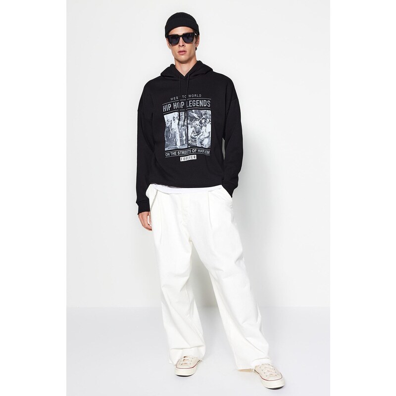 Trendyol Black Men's Oversize/Wide Cut Rap Music Printed Cotton Sweatshirt with Fleece Inside