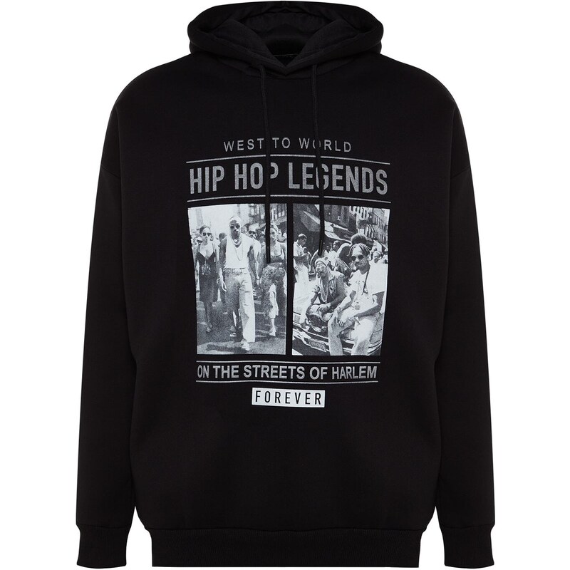 Trendyol Black Men's Oversize/Wide Cut Rap Music Printed Cotton Sweatshirt with Fleece Inside
