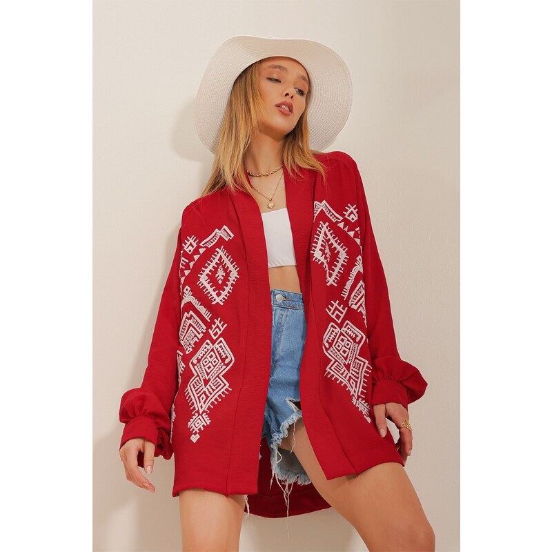 Trend Alaçatı Stili Women's Red Kimono Jacket with Ethnic Embroidery on the back