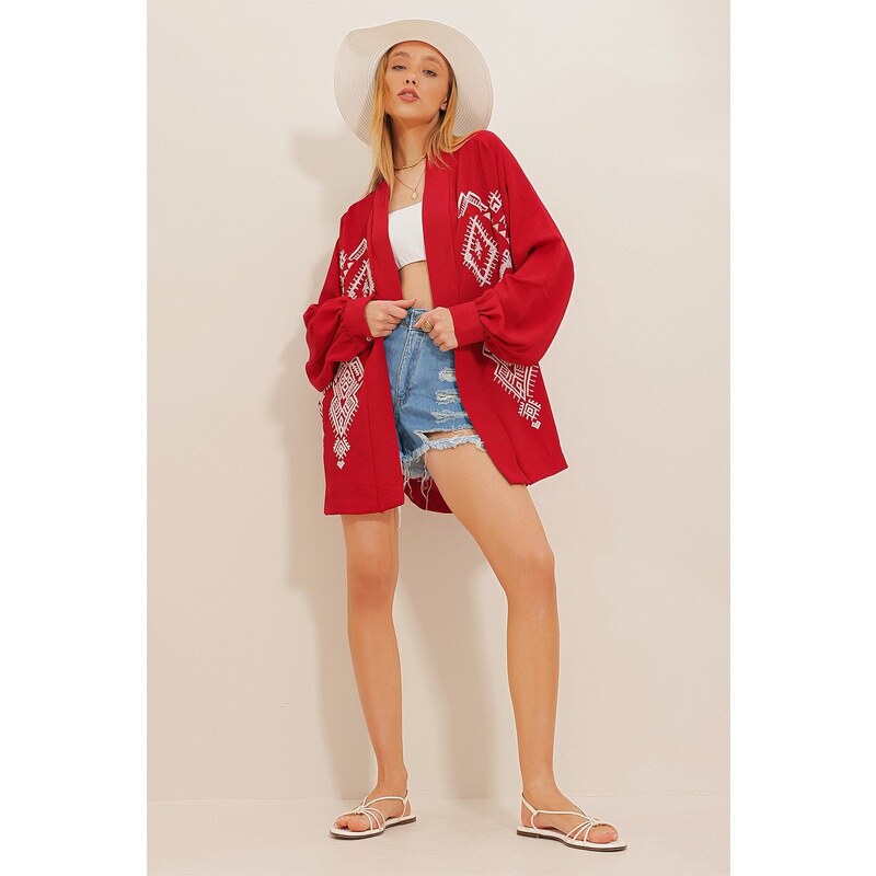 Trend Alaçatı Stili Women's Red Kimono Jacket with Ethnic Embroidery on the back