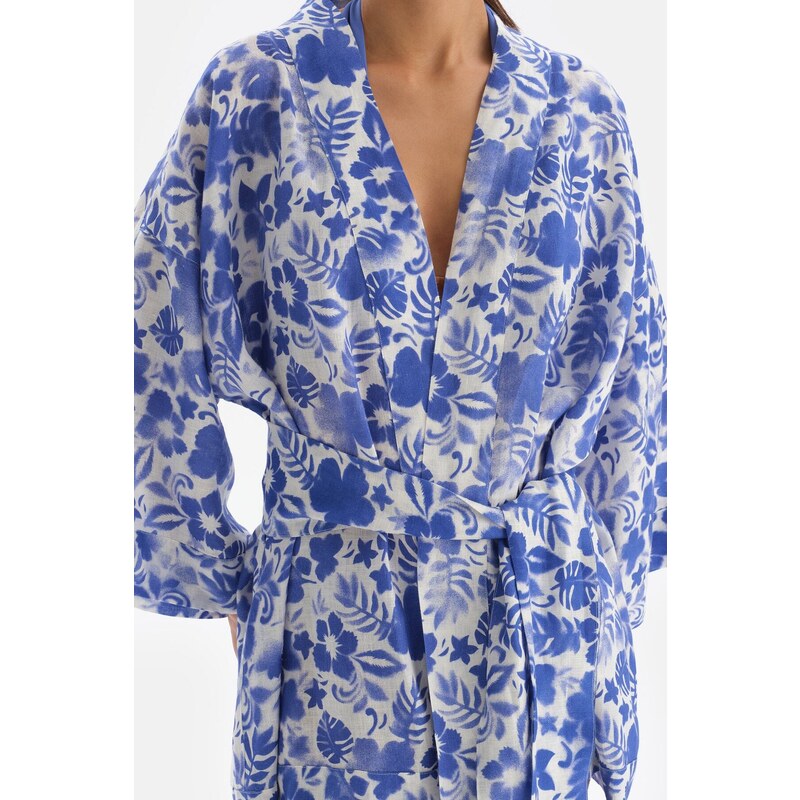 Dagi Blue White Linen Short Kimono