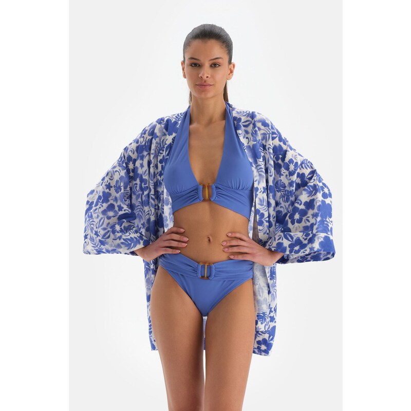 Dagi Blue White Linen Short Kimono