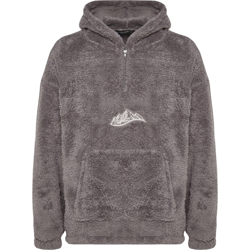 Trendyol Gray Oversize/Wide-Fit Zippered Mountain Embroidery Pocket Fleece/Plush Sweatshirt