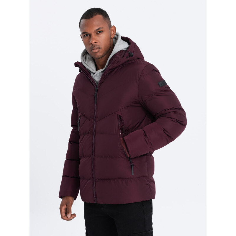 Ombre Clothing Pánská zimní bunda s neobvyklým prošíváním - bordó V5 OM-JAHP-0127