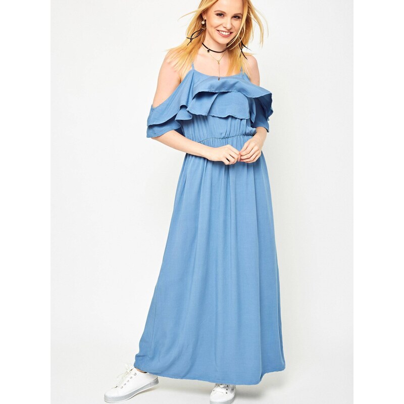 Yups Maxi dress with flounces at the neckline blue