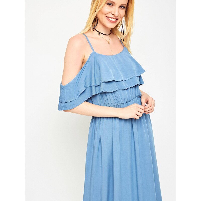 Yups Maxi dress with flounces at the neckline blue