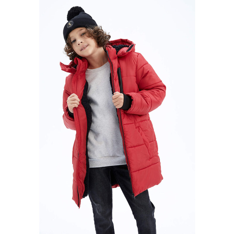 DEFACTO Boy Plush Lined Hooded Long Coat