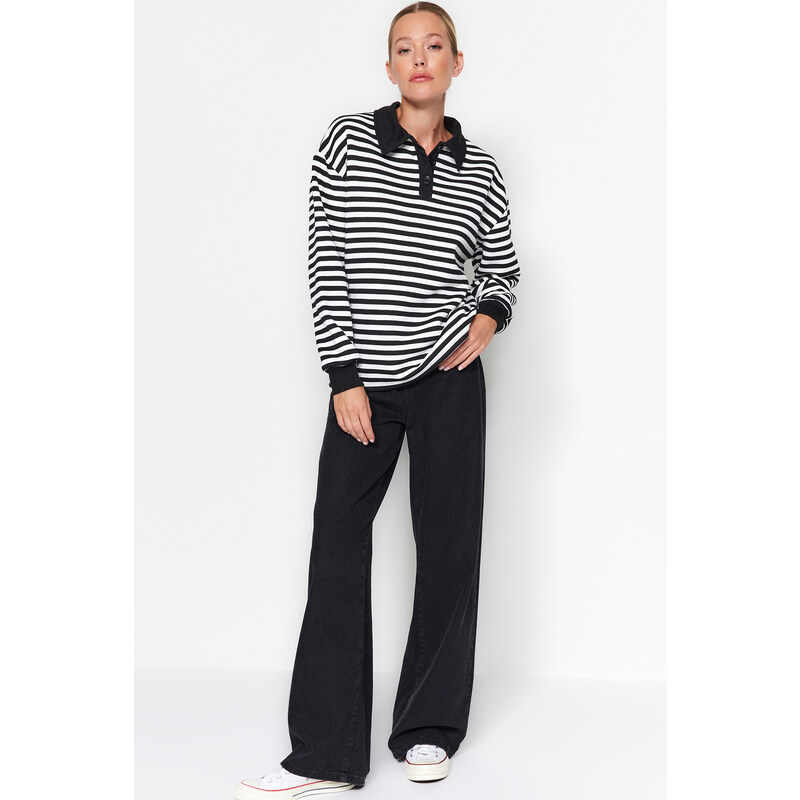 Trendyol Black Striped Polo Neck Thick Fleece Oversize Knitted Sweatshirt