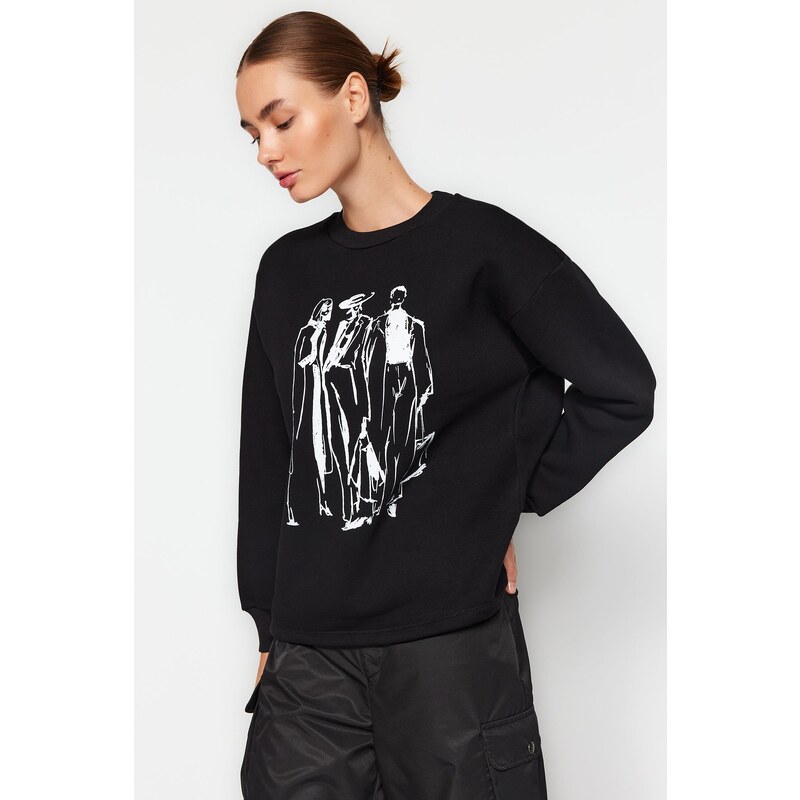 Trendyol Black Regular/Regular Printed Crew Neck Thick/Fleece Knitted Sweatshirt