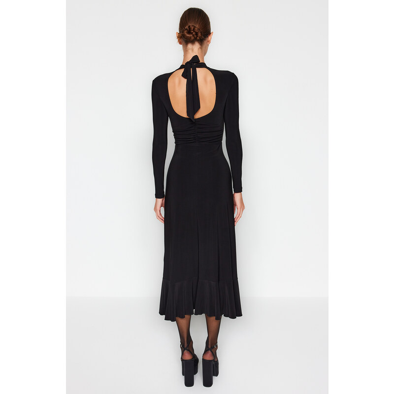 Trendyol Black Maxi Oversized Knit Dress with Ruffles Pleats and Plunging Neck Skirt