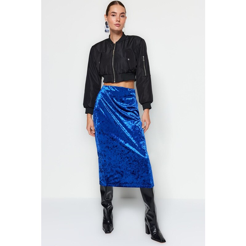 Trendyol Navy Blue Velvet High Waist Pencil Midi Knitted Skirt