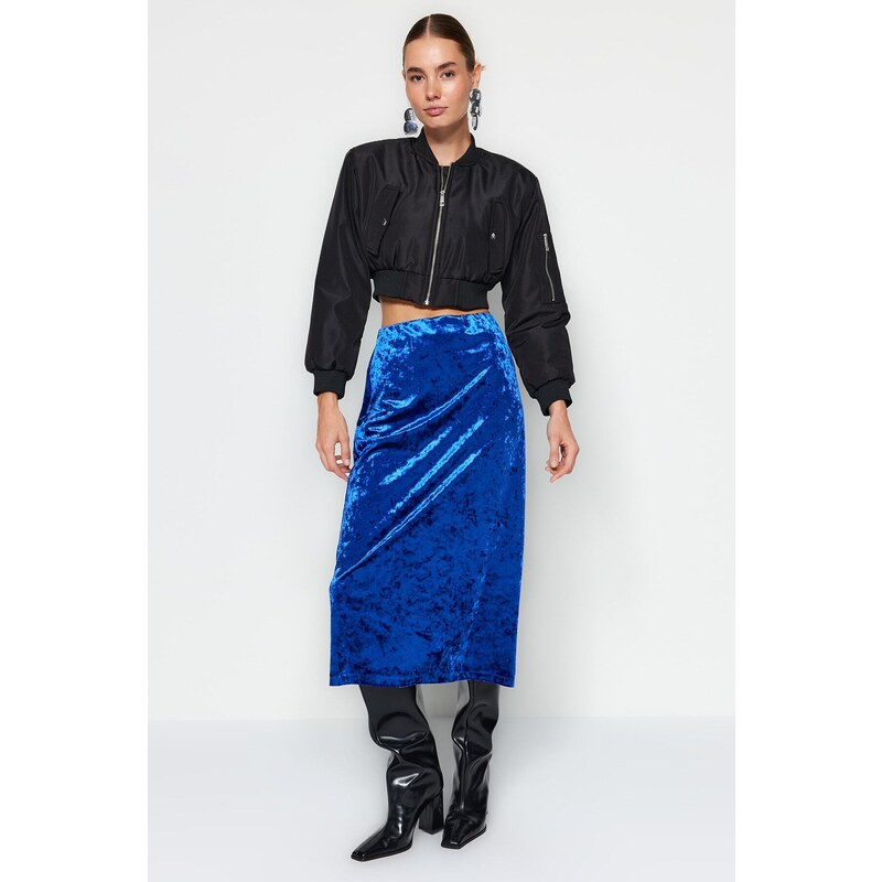 Trendyol Navy Blue Velvet High Waist Pencil Midi Knitted Skirt