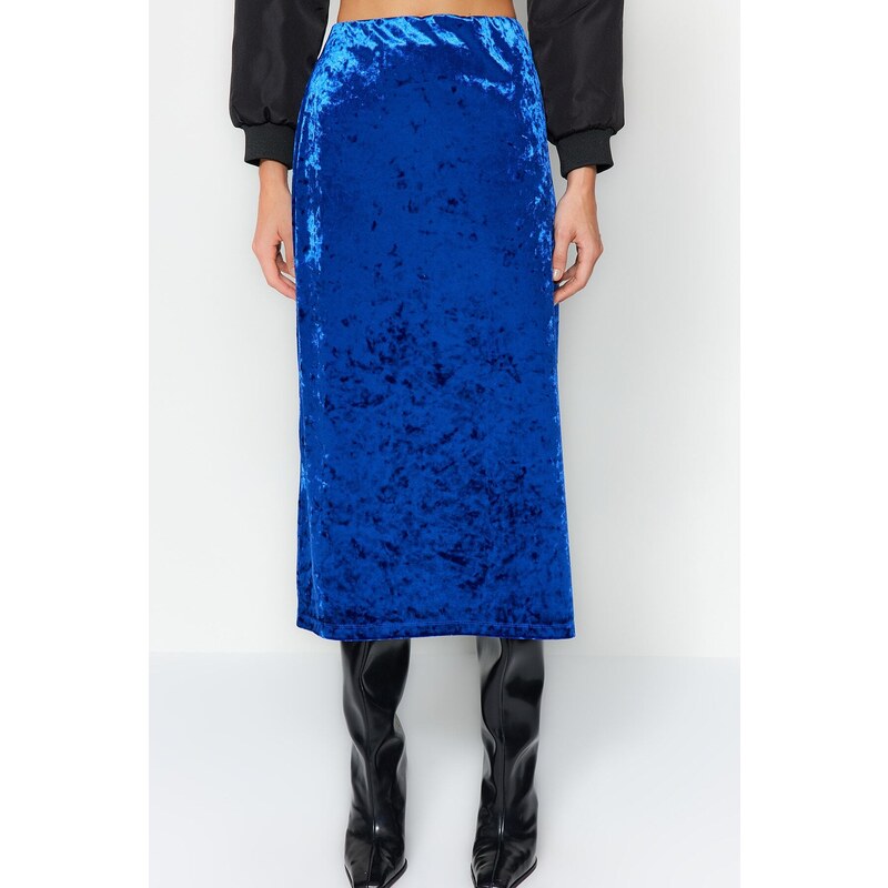 Trendyol Navy Blue Velvet High Waist Pencil Midi Knitted Skirt