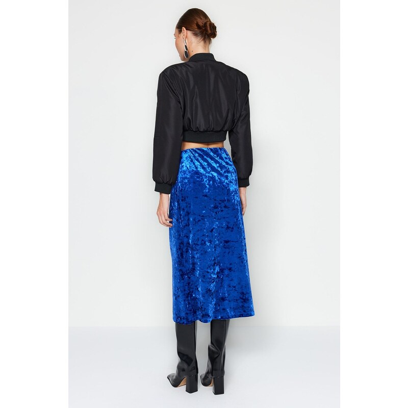 Trendyol Navy Blue Velvet High Waist Pencil Midi Knitted Skirt