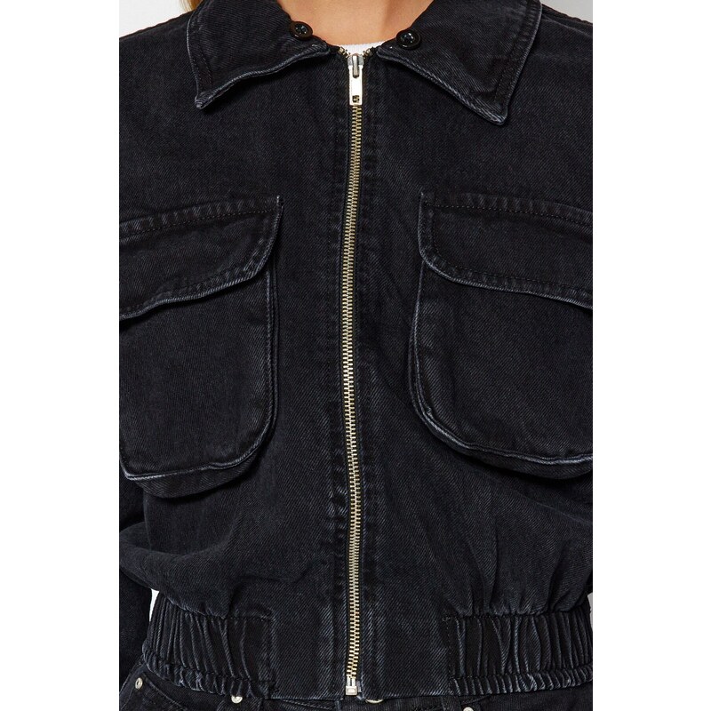 Trendyol černá pletená džínová bunda s kapucí bomber