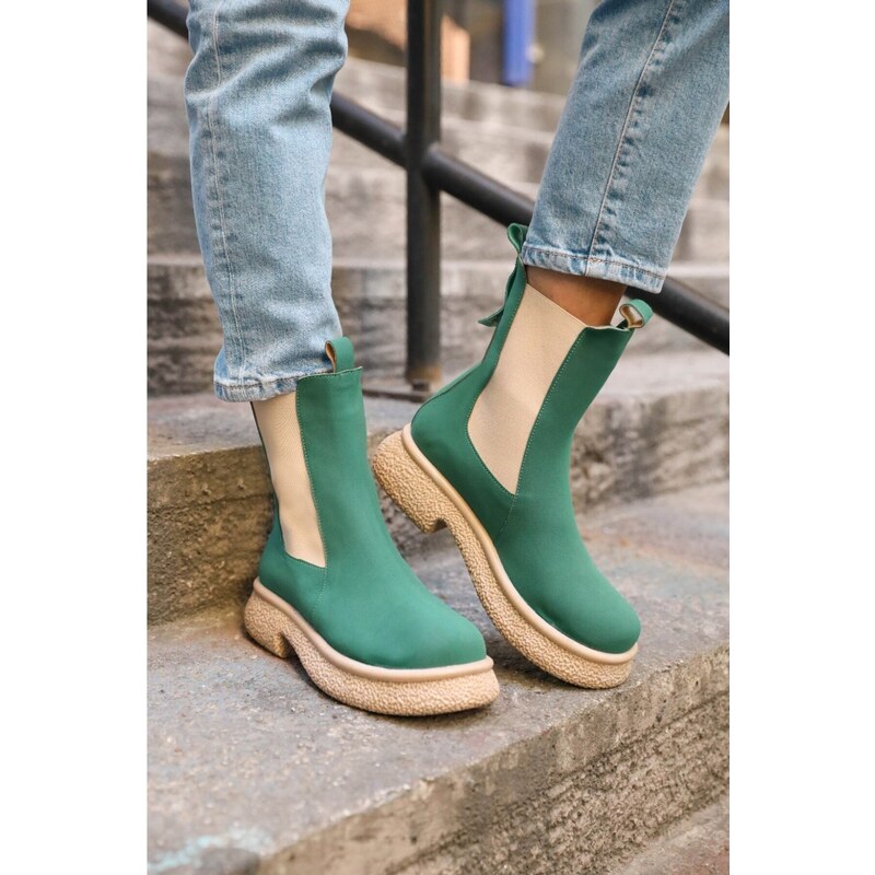 Madamra Green Women's Suede Boots with Rubber Detail Flat sole.