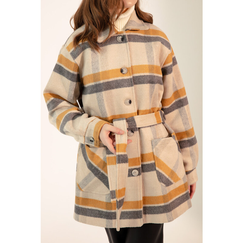 Lafaba Women's Mustard Checkered Coat