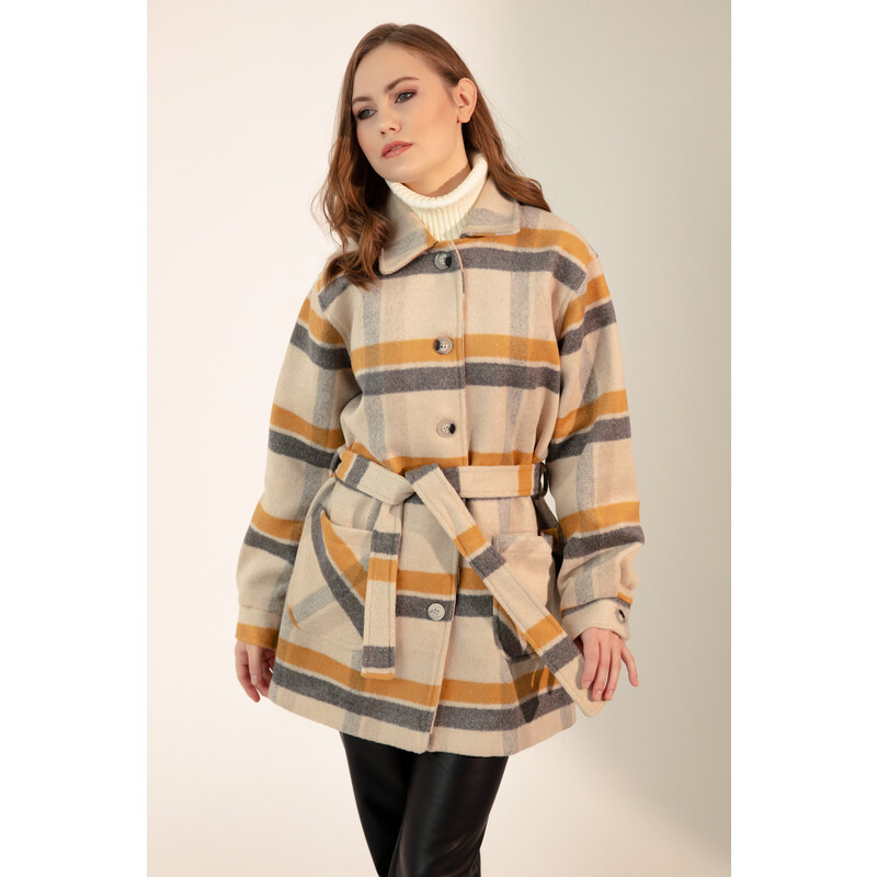 Lafaba Women's Mustard Checkered Coat