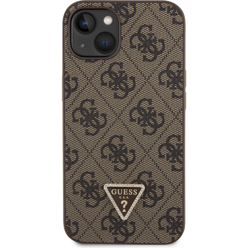 Ochranný kryt s crossbody popruhem pro iPhone 15 - Guess, 4G Strass Triangle Metal Logo Brown