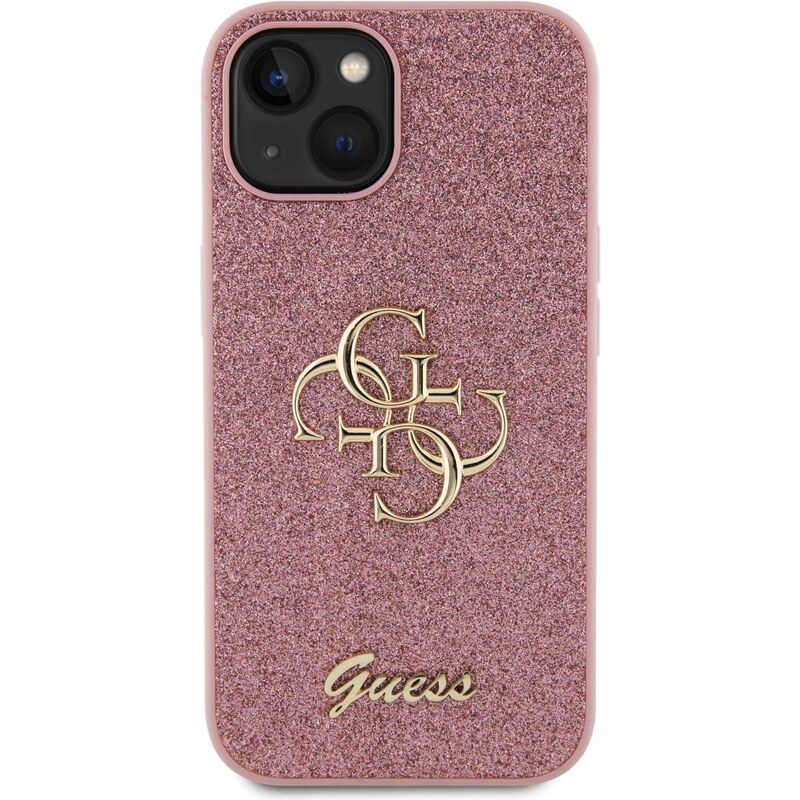 Ochranný kryt na iPhone 15 - Guess, Fixed Glitter 4G Metal Logo Pink