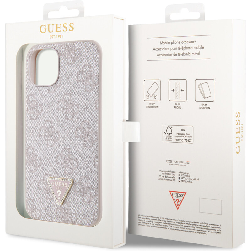 Ochranný kryt na iPhone 15 - Guess, 4G Strass Triangle Metal Logo Pink