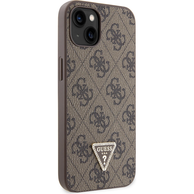 Ochranný kryt s crossbody popruhem pro iPhone 15 - Guess, 4G Strass Triangle Metal Logo Brown