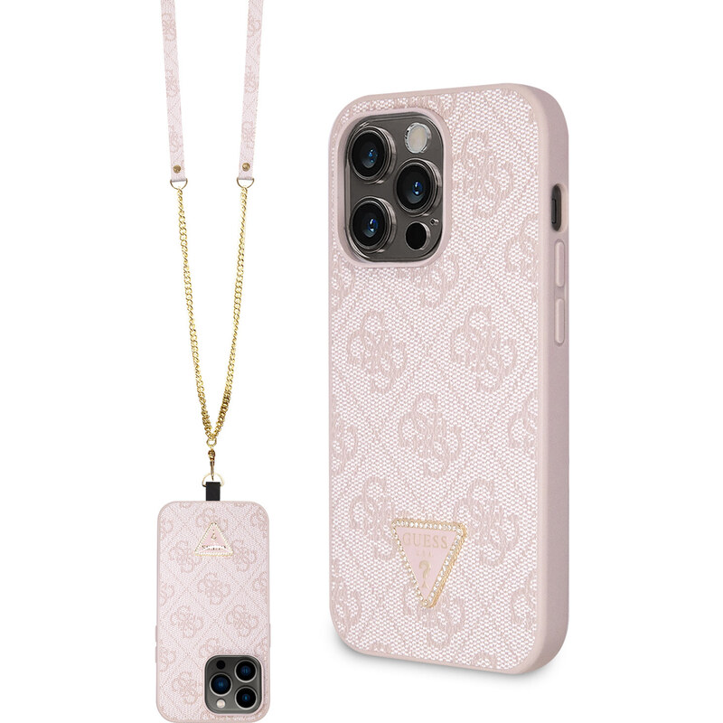 Ochranný kryt s crossbody popruhem pro iPhone 15 Pro - Guess, 4G Strass Triangle Metal Logo Pink