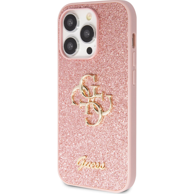 Ochranný kryt na iPhone 15 Pro - Guess, Fixed Glitter 4G Metal Logo Pink