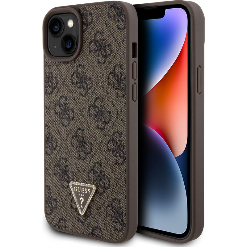 Ochranný kryt na iPhone 15 PLUS - Guess, 4G Strass Triangle Metal Logo Brown