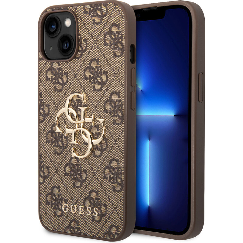 Ochranný kryt na iPhone 15 PLUS - Guess, 4G Metal Logo Brown