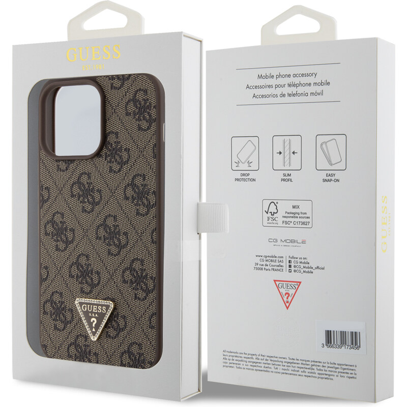 Ochranný kryt na iPhone 15 Pro MAX - Guess, 4G Strass Triangle Metal Logo Brown