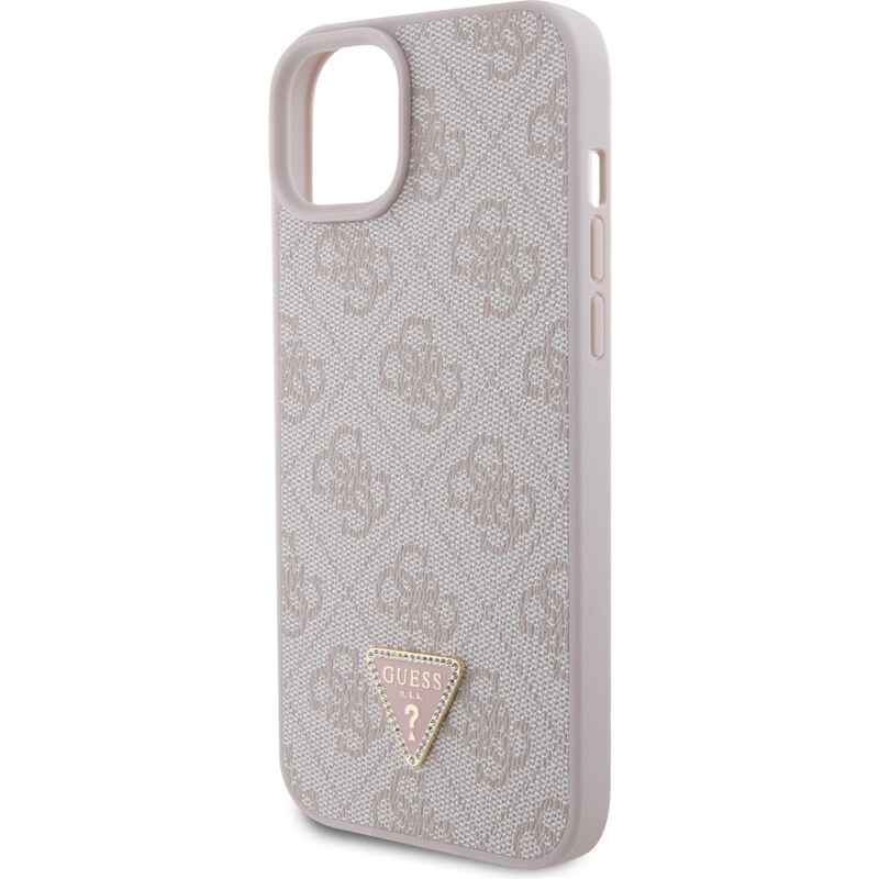 Ochranný kryt na iPhone 15 PLUS - Guess, 4G Strass Triangle Metal Logo Pink