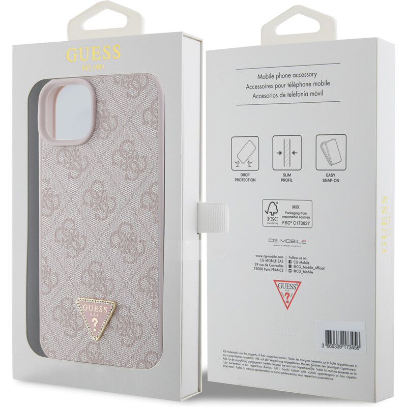Ochranný kryt na iPhone 15 PLUS - Guess, 4G Strass Triangle Metal Logo Pink