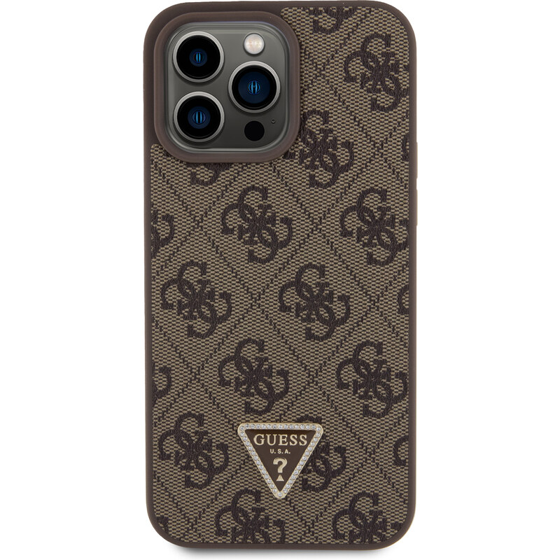 Ochranný kryt na iPhone 15 Pro MAX - Guess, 4G Strass Triangle Metal Logo Brown