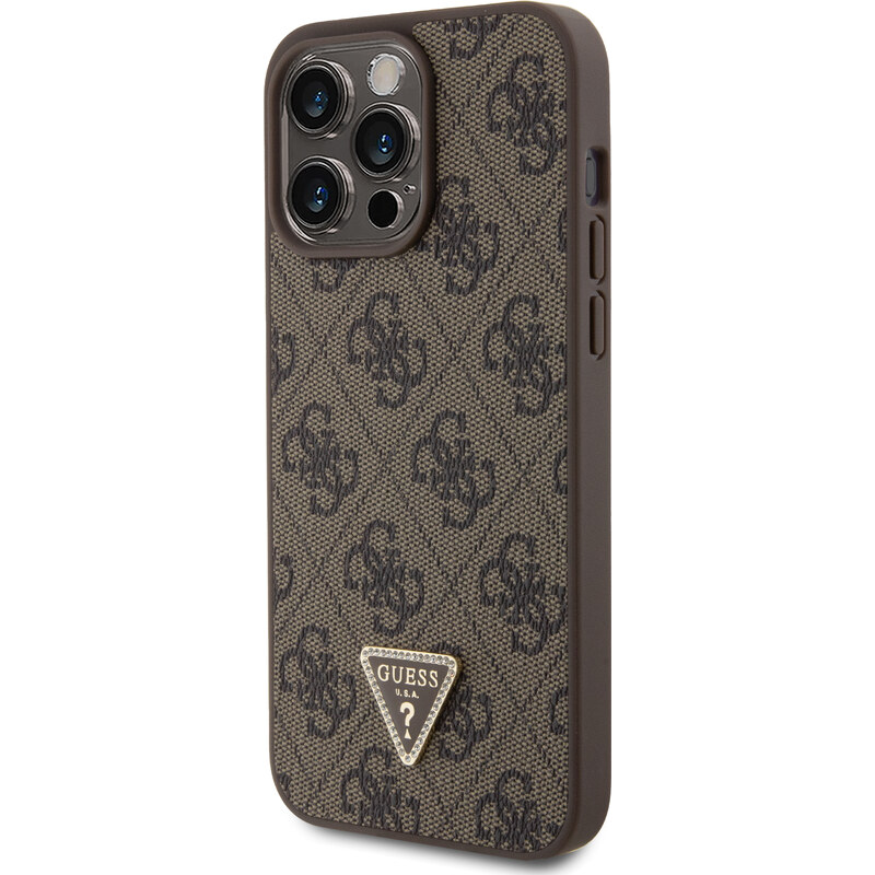 Ochranný kryt na iPhone 15 Pro MAX - Guess, 4G Strass Triangle Metal Logo Brown