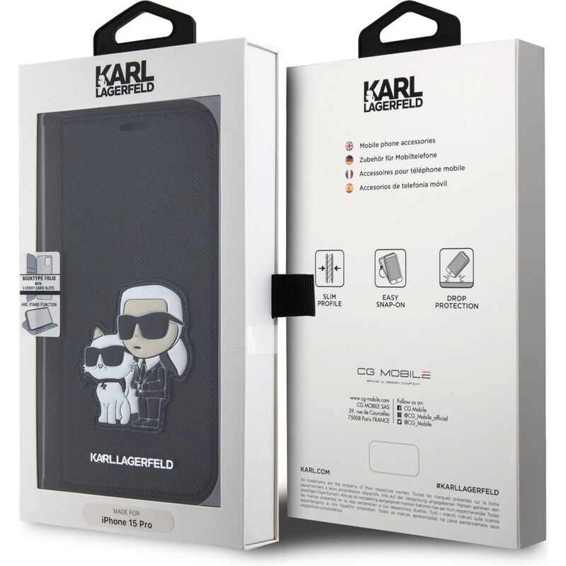 Ochranné pouzdro pro iPhone 15 Pro - Karl Lagerfeld, Saffiano Karl and Choupette NFT Book Black