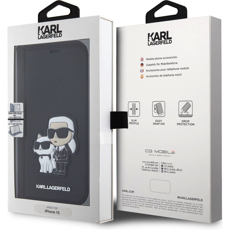 Ochranné pouzdro pro iPhone 15 - Karl Lagerfeld, Saffiano Karl and Choupette NFT Book Black