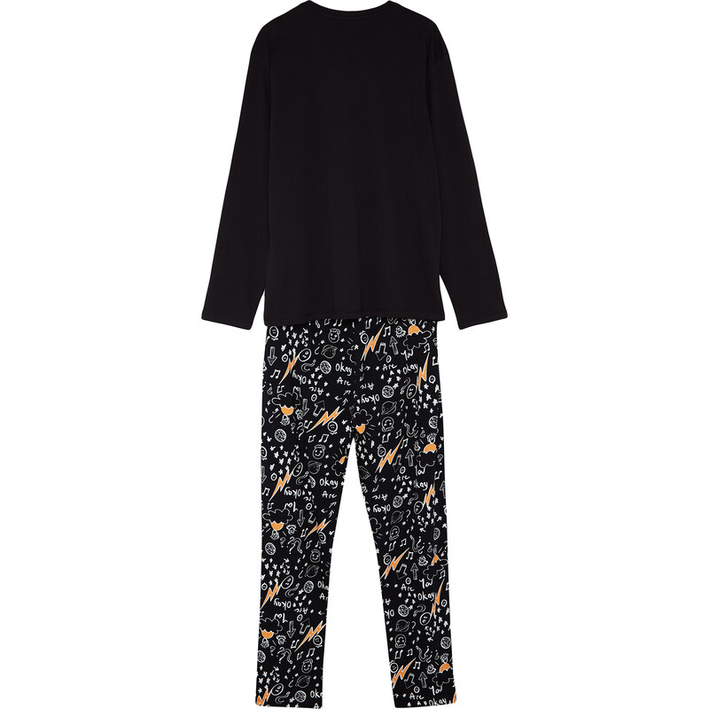 Trendyol Black Regular Fit Embroidered Knitted Pajamas Set