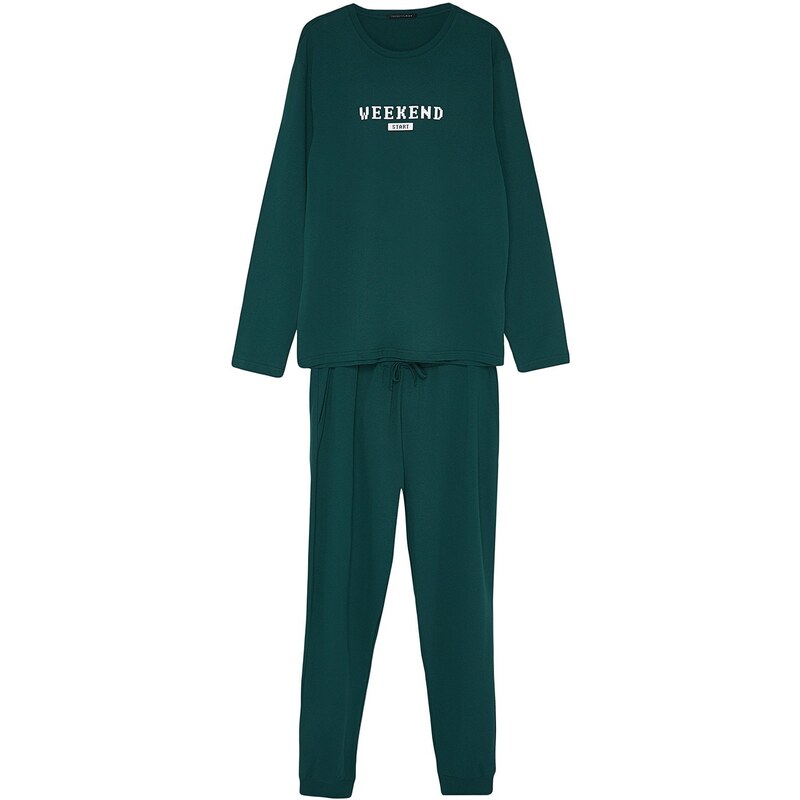 Trendyol Green Regular Fit Printed Knitted Pajamas Set