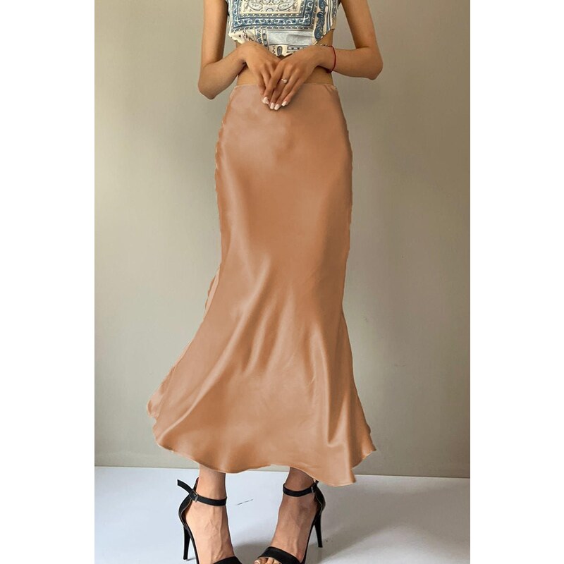 Madmext Light Beige Basic Long Satin Skirt