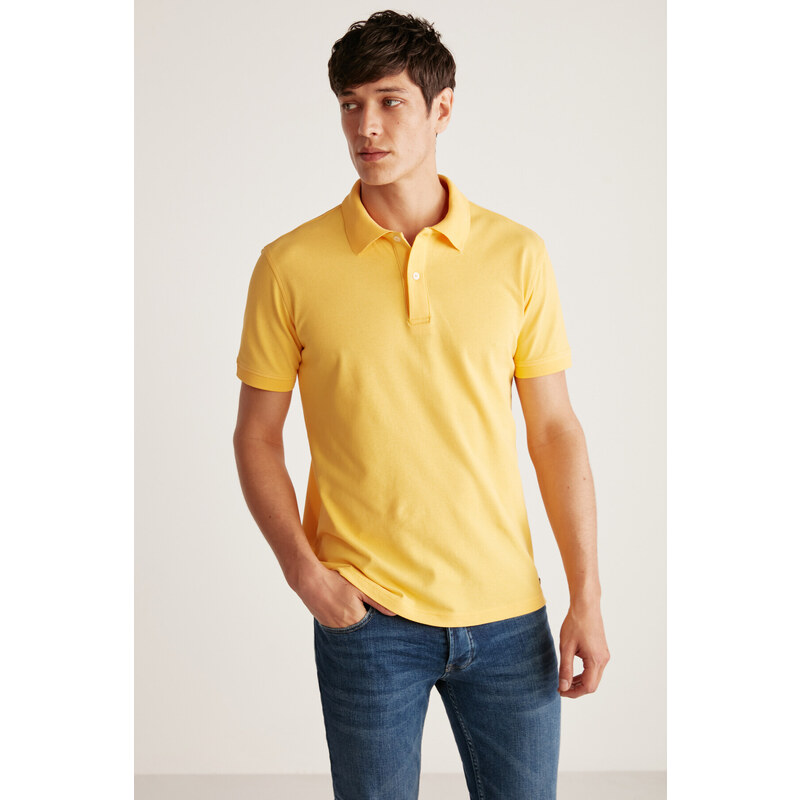 GRIMELANGE Chris Men's Regular Fit 100% Cotton Yellow Polo Neck T-shirt