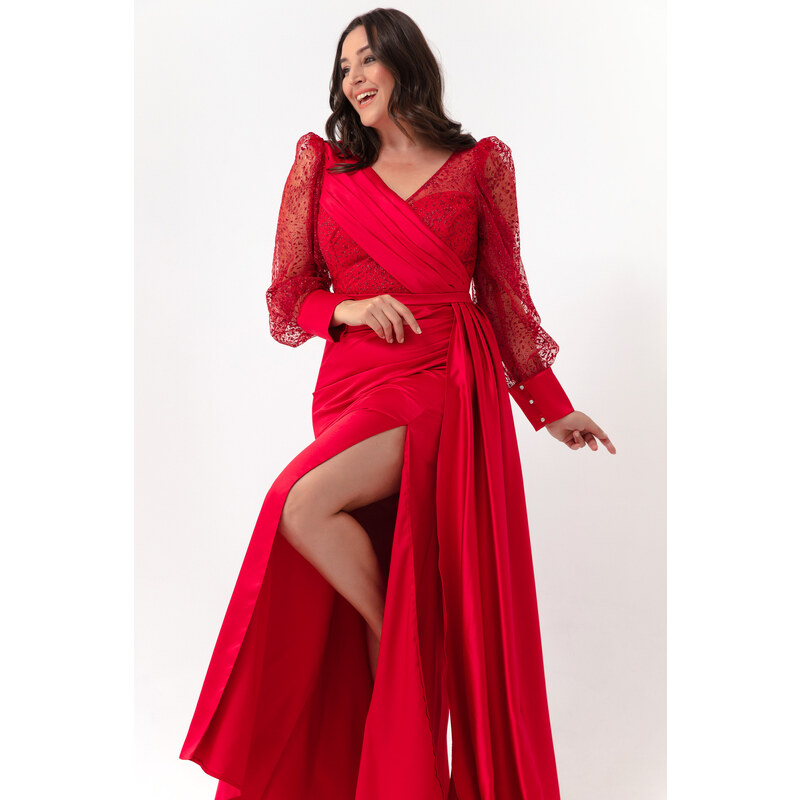 Lafaba Dámské červené V-Neck Plus Size Dlouhé večerní šaty s kameny a rozparkem na rukávech