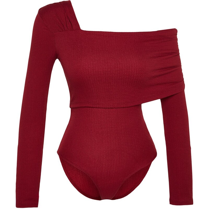 Trendyol Burgundy Asymmetric Collar Detailed Draped Fitted/Situated Crepe/Textured Knitted Bodysuit