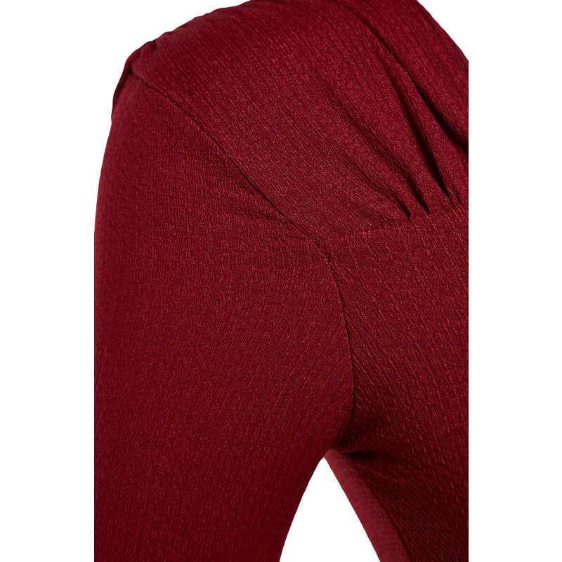 Trendyol Burgundy Asymmetric Collar Detailed Draped Fitted/Situated Crepe/Textured Knitted Bodysuit