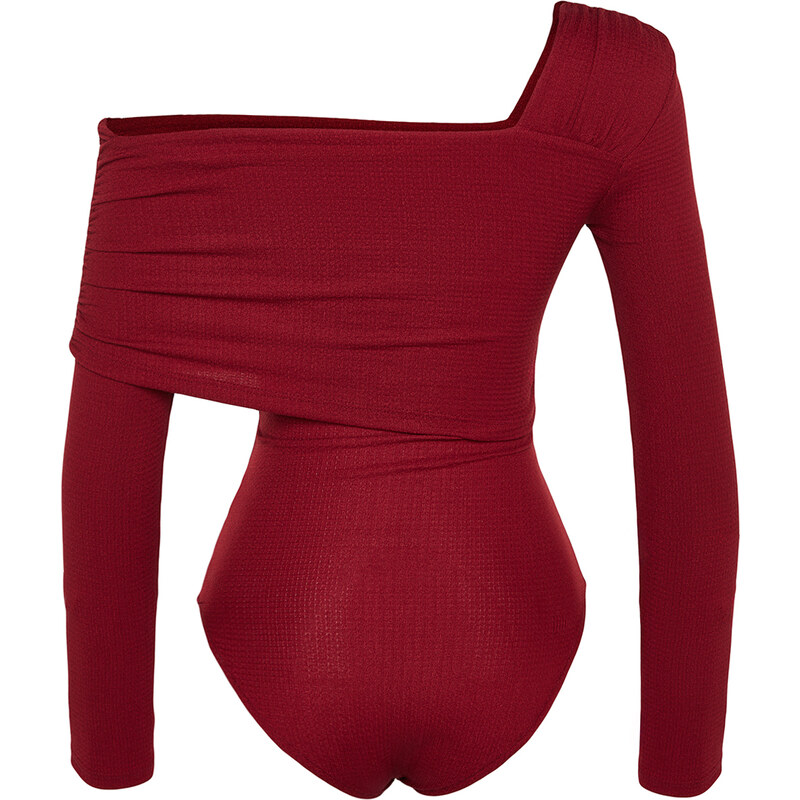 Trendyol Burgundy Asymmetric Collar Detailed Draped Fitted/Situated Crepe/Textured Knitted Bodysuit