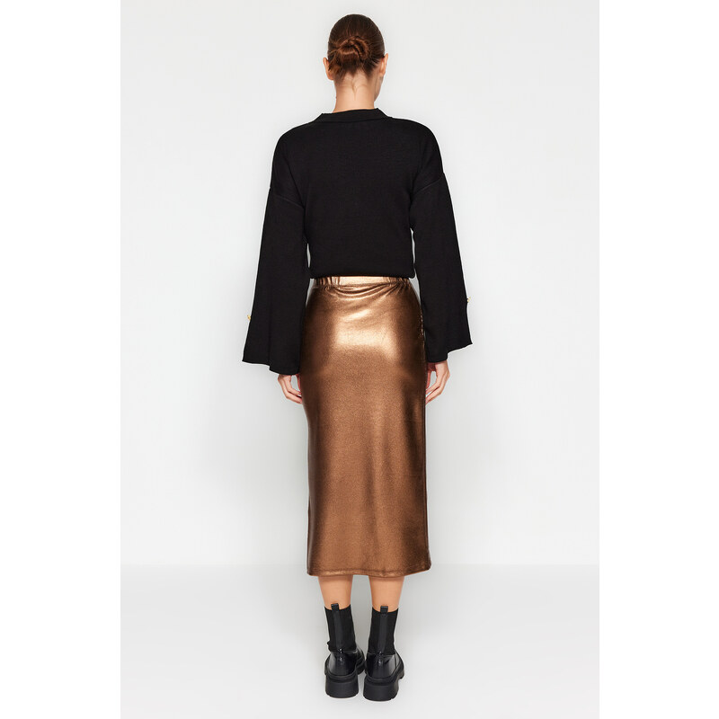 Trendyol Brown Foil Print High Waist A Slit Maxi Dress, Fitted Skirt